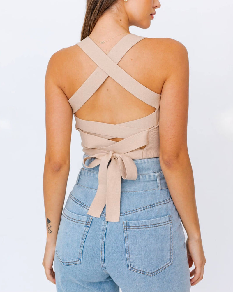 crop top - lace up top - criss cross back - corset lace up - nude