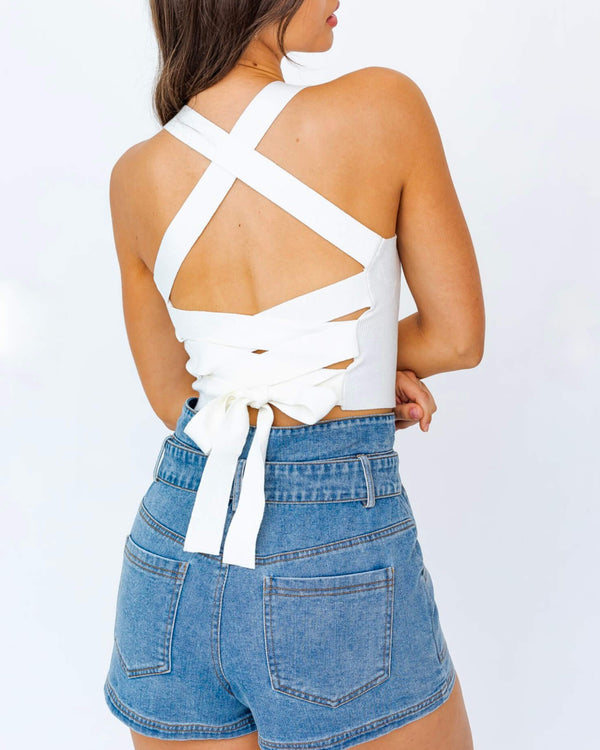crop top - lace up top - criss cross back - corset lace up - off white