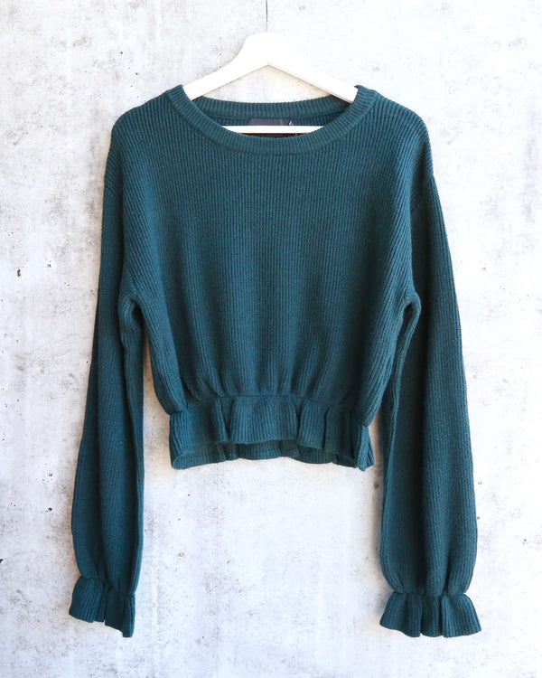Final Sale - MINKPINK - Maddie Frilly Hem Knit Cropped Sweater - Emerald