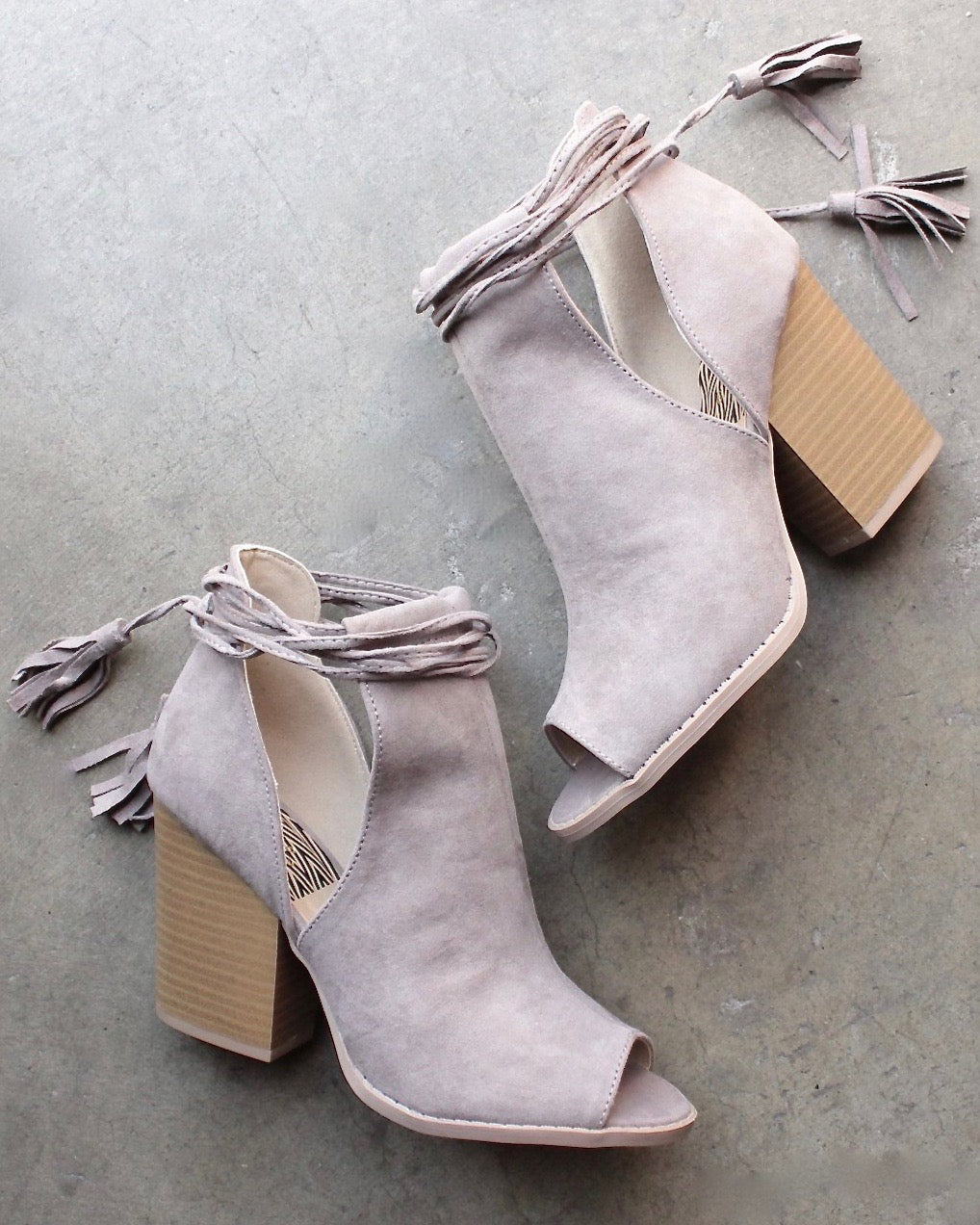 Final Sale - Madelynn Suede Open Toe Booties in Taupe