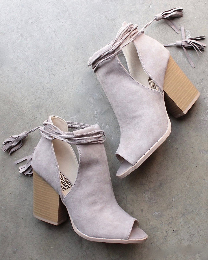 Final Sale - Madelynn Suede Open Toe Booties in Taupe