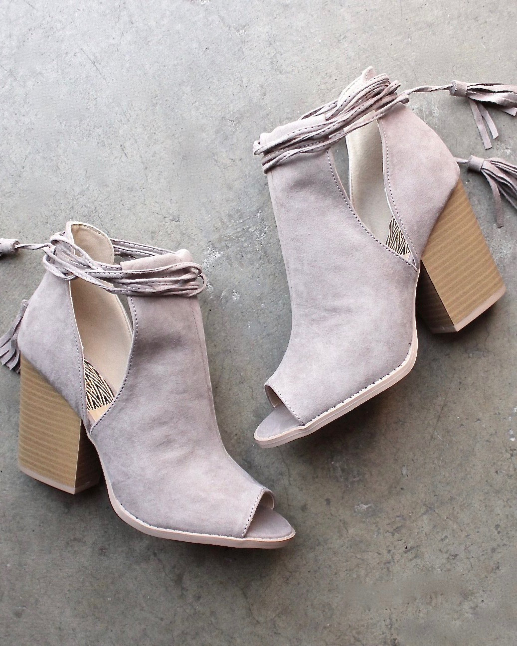 Final Sale - Madelynn Suede Open Toe Booties in Taupe
