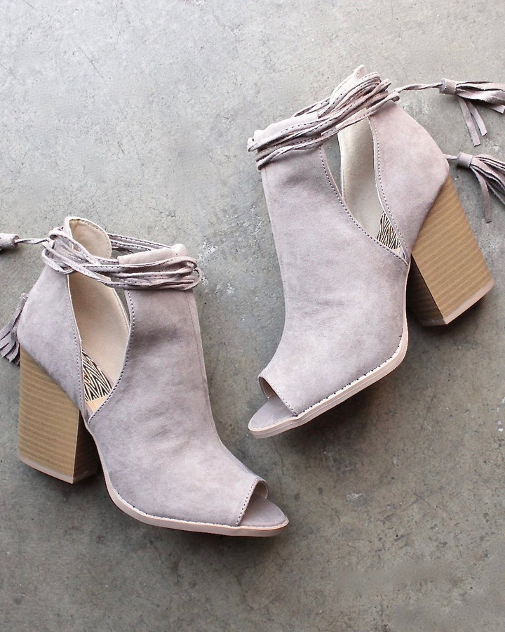 Final Sale - Madelynn Suede Open Toe Booties in Taupe