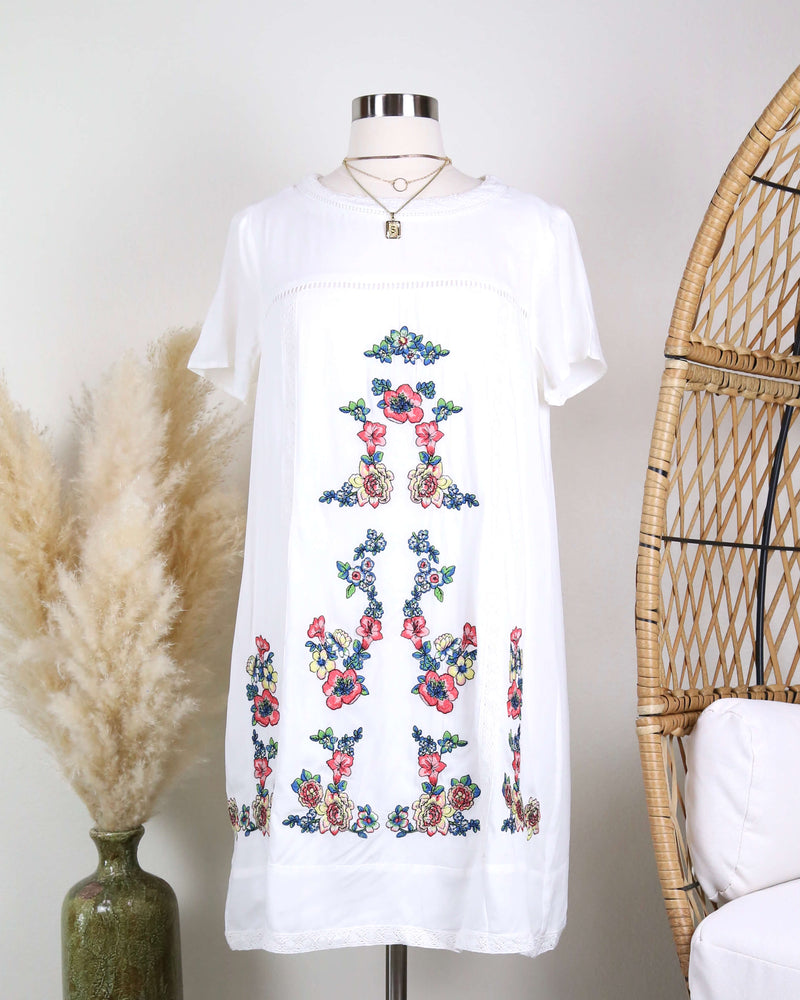 Make Up To Break Up Floral Embroidered Shift Dress in Ivory