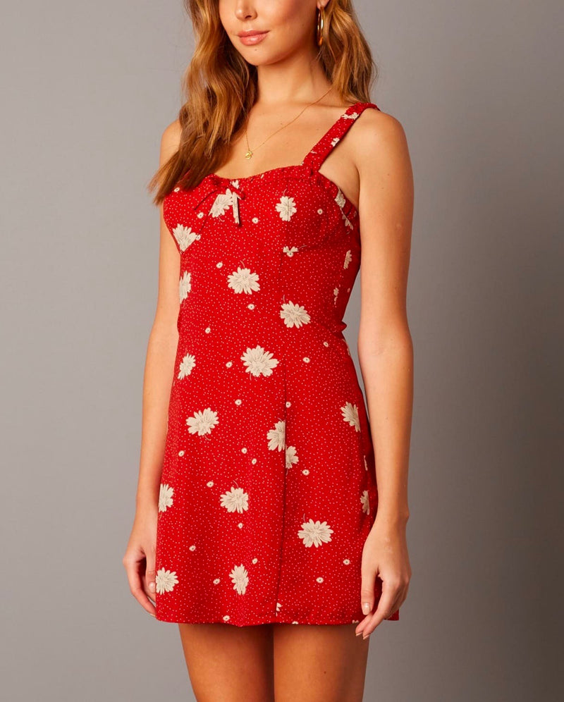 Final Sale - Cotton Candy - Bustier Inspired Bodice Floral Mini Dress - Sienna Red