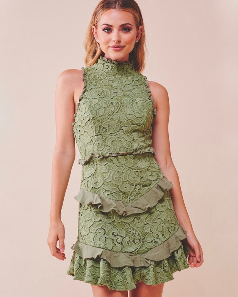 Mock Neck Lace Tiered Ruffle Sleeveless Dress in Olive