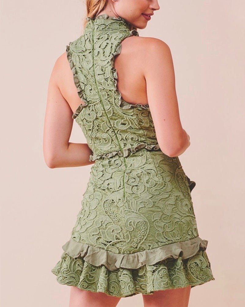 Mock Neck Lace Tiered Ruffle Sleeveless Dress in Olive