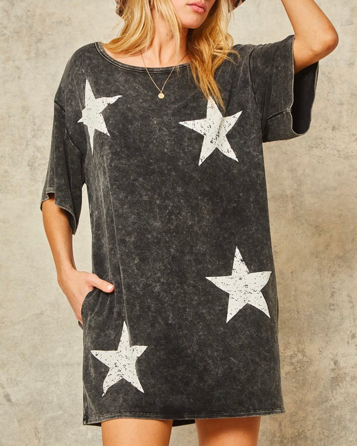 Washed Stars Graphic Tee Mini Dress with Pockets in Charcoal