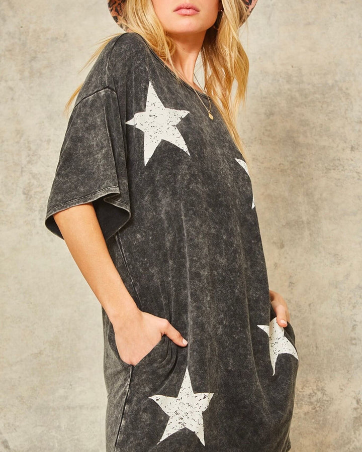 Washed Stars Graphic Tee Mini Dress with Pockets in Charcoal