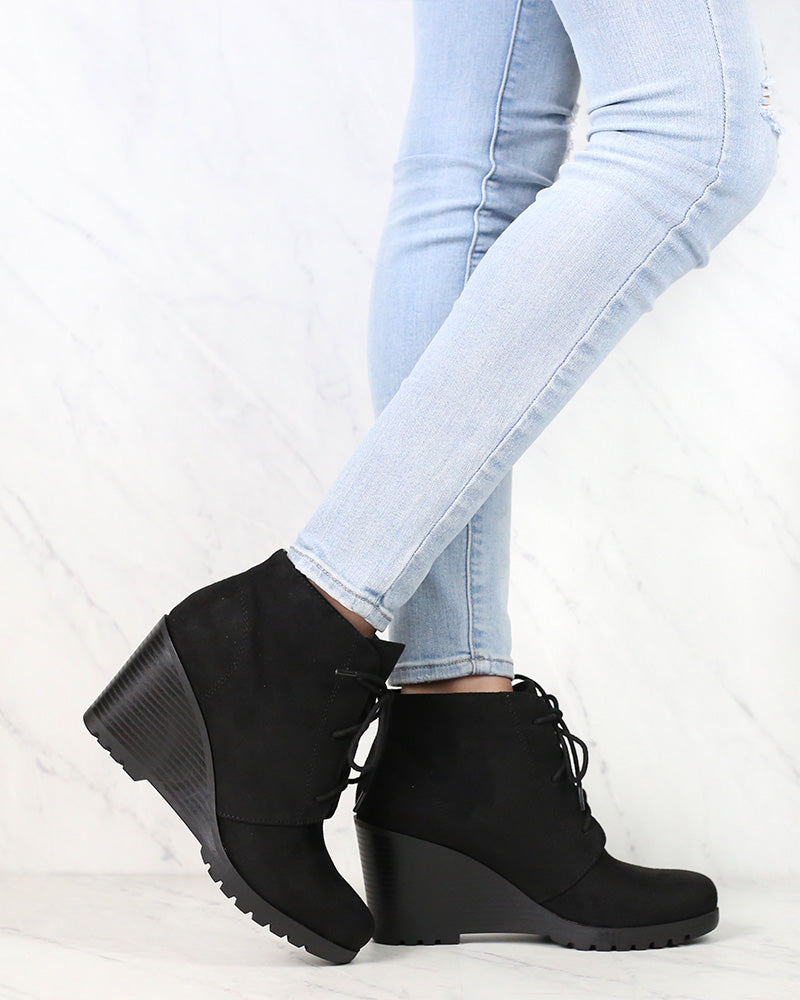 Not So Far Fetched Lace-Up Wedge Ankle Booties in Black
