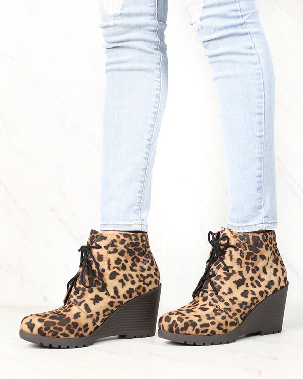 Not So Far Fetched Lace-Up Wedge Ankle Booties in Camel Leopard