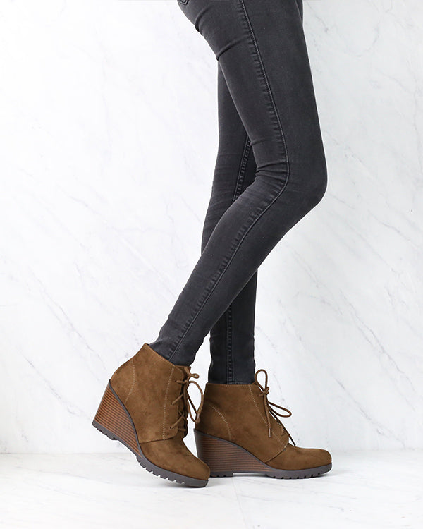 Not So Far Fetched Lace-Up Wedge Ankle Booties in Oak