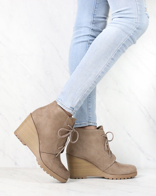 Not So Far Fetched Lace-Up Wedge Ankle Booties in Taupe