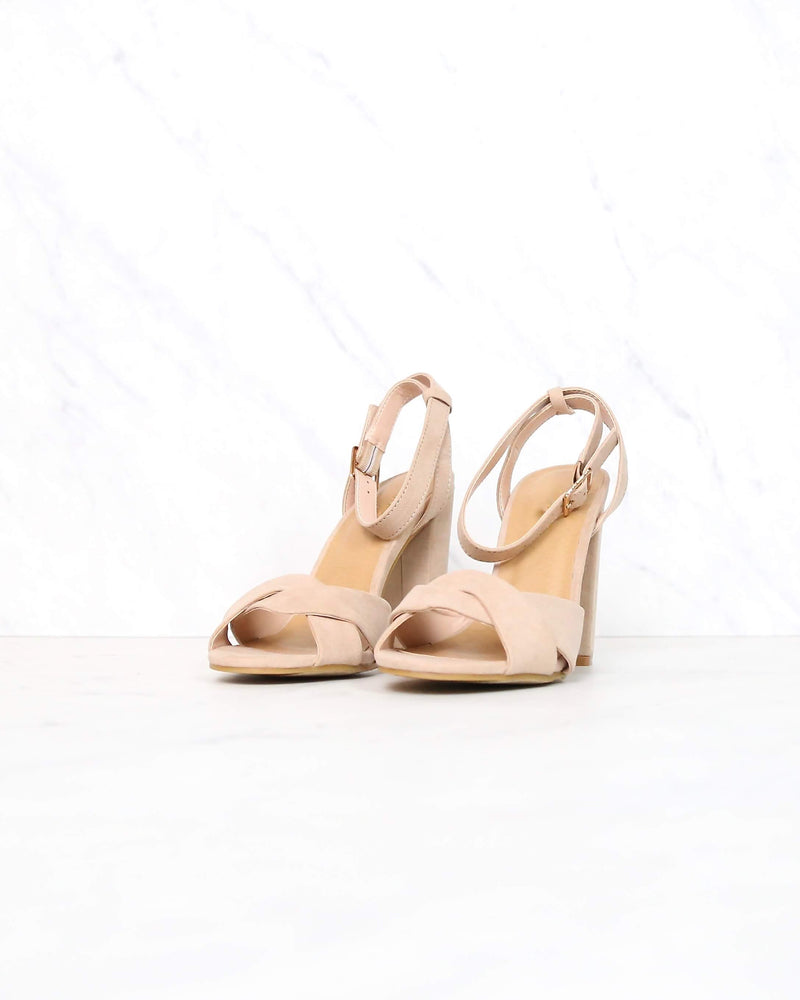 Nude Suede Front Knot Ankle Strap Heels