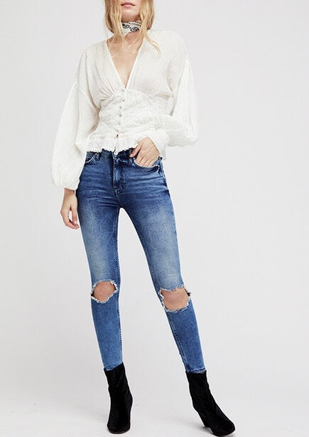 Free People - Busted High Rise Distressed Skinny Jeans in Blue/Turquoise