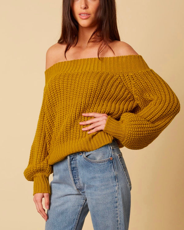 Cotton Candy LA - Off-Shoulders Knit Bishop Sleeves Sweater in Moss