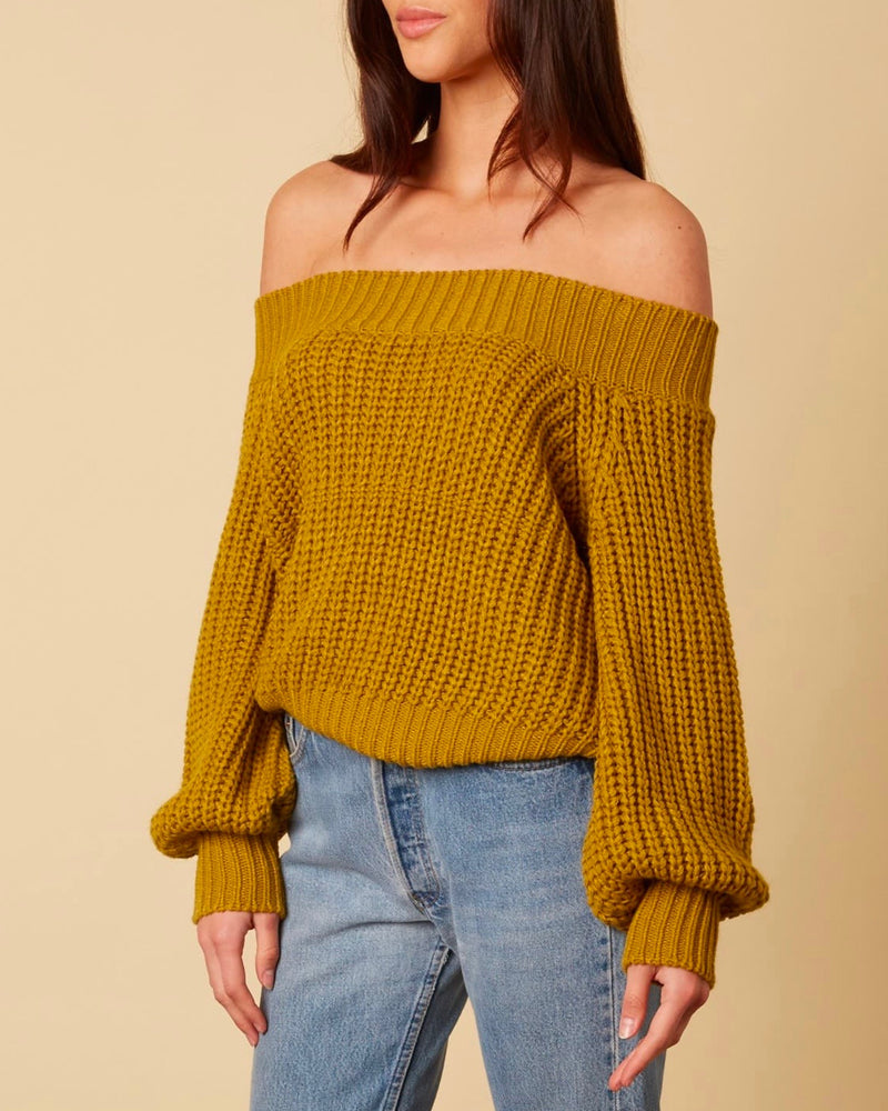 Cotton Candy LA - Off-Shoulders Knit Bishop Sleeves Sweater in Moss