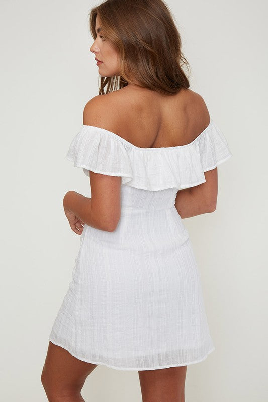 Off The Shoulder Button-Down Woven Mini Dress in Ivory