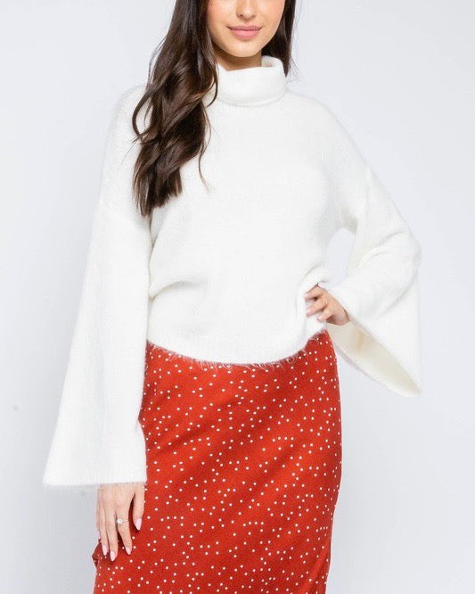 Olivaceous - Turtleneck Open Back Bell Sleeve Pullover Sweater - Ivory