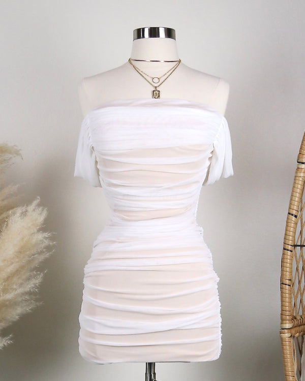 ruched - body con - mesh - strapless - dress - white