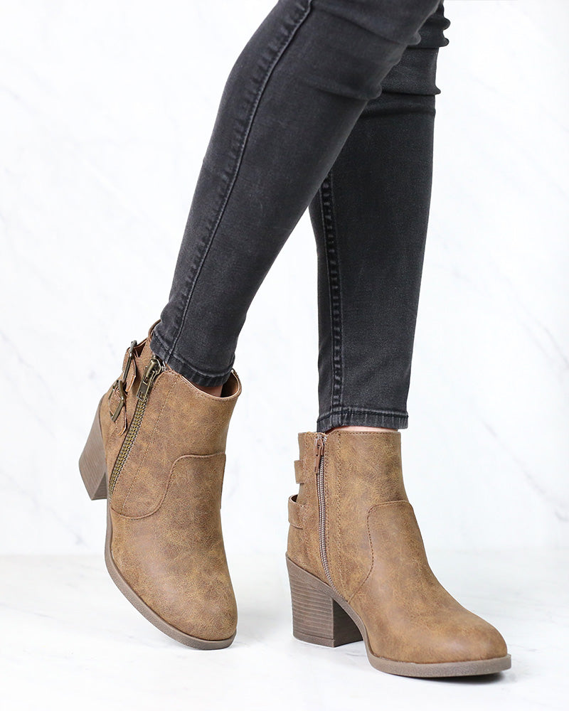 One More Dance Faux Leather Ankle Bootie with Buckle Detail in Camel