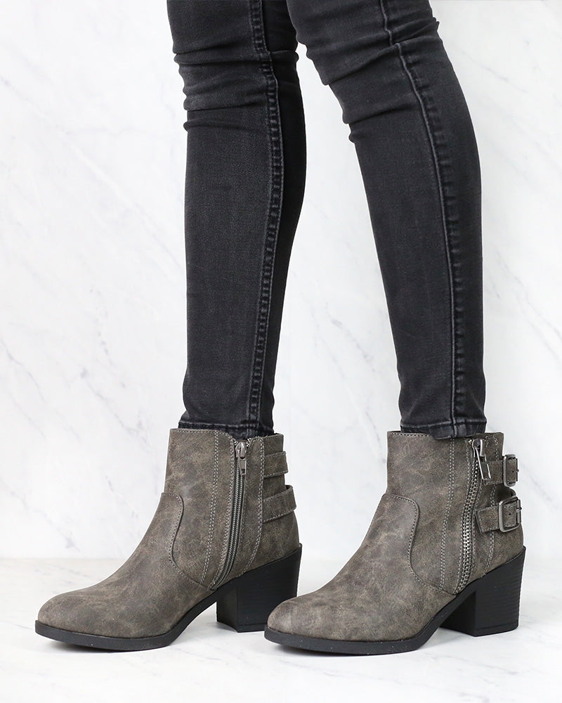 One More Dance Faux Leather Ankle Bootie with Buckle Detail in Grey