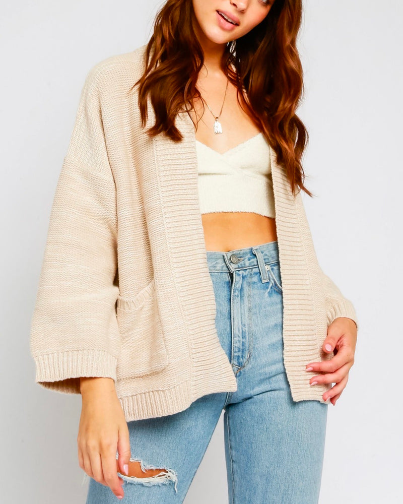 Open Knit Cardigan with Pockets and Fluted Sleeves in Oatmeal