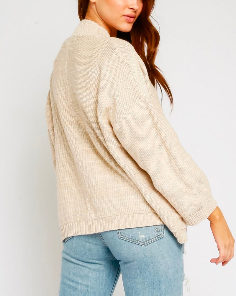 Open Knit Cardigan with Pockets and Fluted Sleeves in Oatmeal