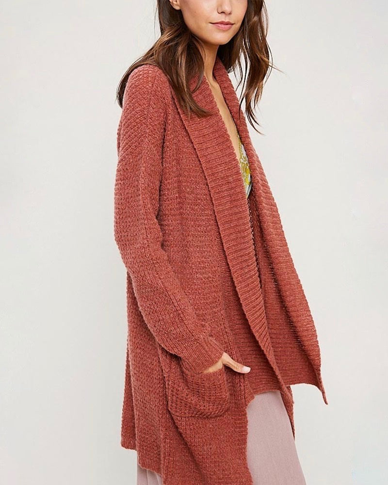 Open Front Hi Low Cable Knit Sweater Cardigan - Brick