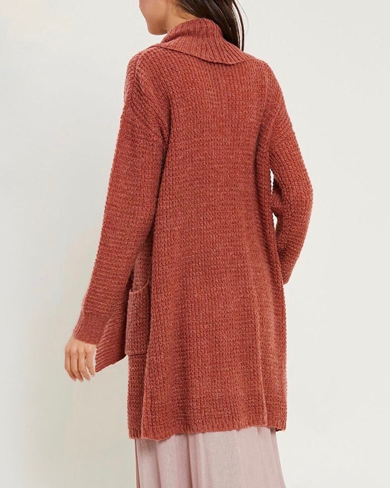 Open Front Hi Low Cable Knit Sweater Cardigan - Brick