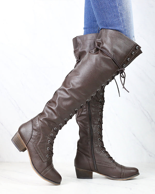 Over The Knee Laced Up Boots in Dark Brown