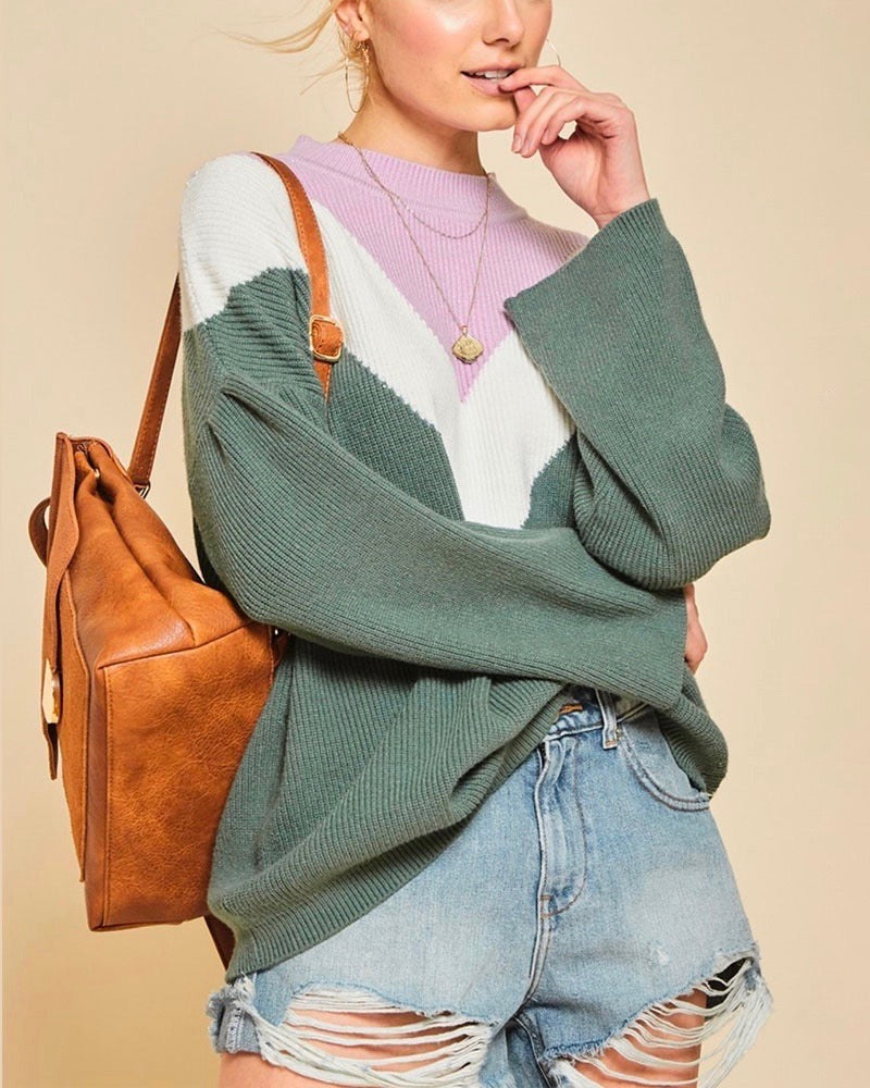 Oversized Color Block Knit Pullover Sweater