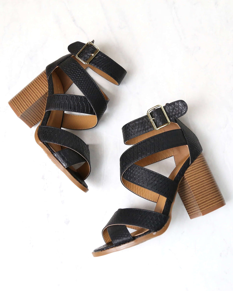 Sneaky Snake Textured Strappy Peep Toe Heeled Sandals in Black