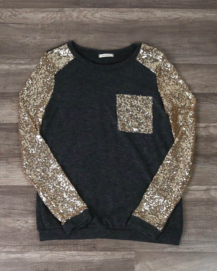 Final Sale - Gold Sequin Long Sleeve and Pocket Lightweight Sweatshirt