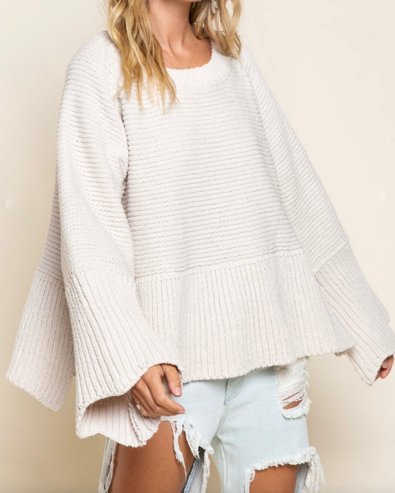 Relaxed Fit Scallop Edge Long Bell Sleeve Knit Sweater in Almond