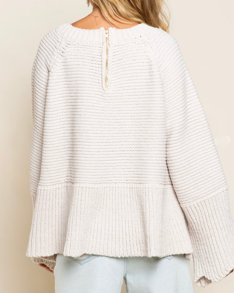 Relaxed Fit Scallop Edge Long Bell Sleeve Knit Sweater in Almond