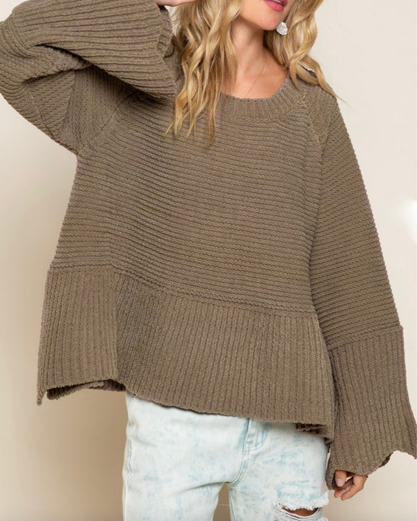 Relaxed Fit Scallop Edge Long Bell Sleeve Knit Sweater in Olive