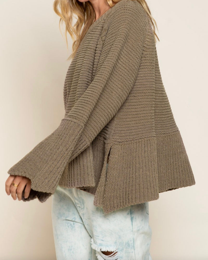 Relaxed Fit Scallop Edge Long Bell Sleeve Knit Sweater in Olive