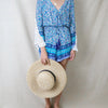 Reverse - Aqua Blue Boho Print Romper with Crochet Lace Bell Sleeves