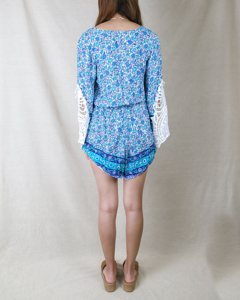 Reverse - Aqua Blue Boho Print Romper with Crochet Lace Bell Sleeves