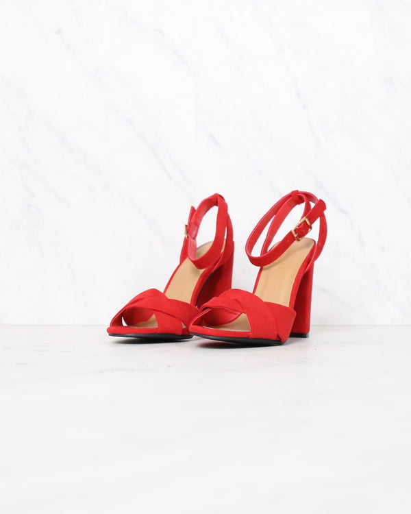 Red Suede Front Knot Ankle Strap Heels