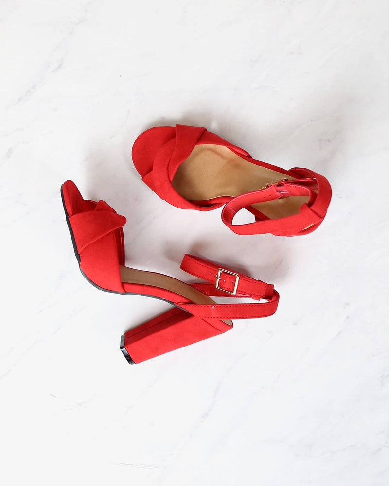 Red Suede Front Knot Ankle Strap Heels