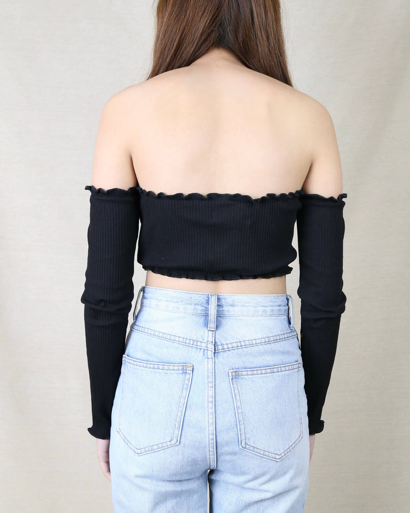 Reverse - Pretty Lady Ribbed Crop Top with Long Sleeves in Black