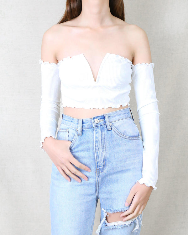Reverse - Pretty Lady Ribbed Crop Top with Long Sleeves in White