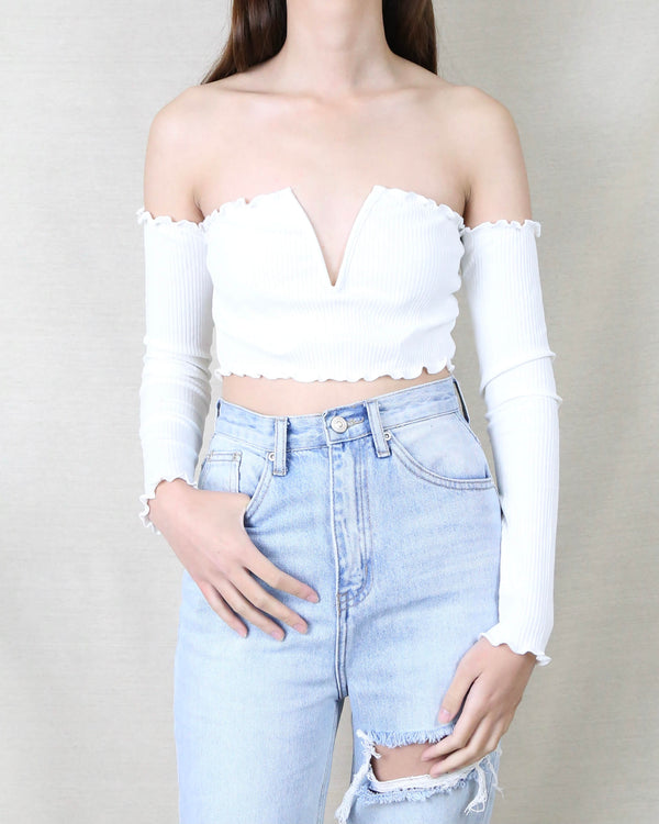 Reverse - Pretty Lady Ribbed Crop Top with Long Sleeves in White