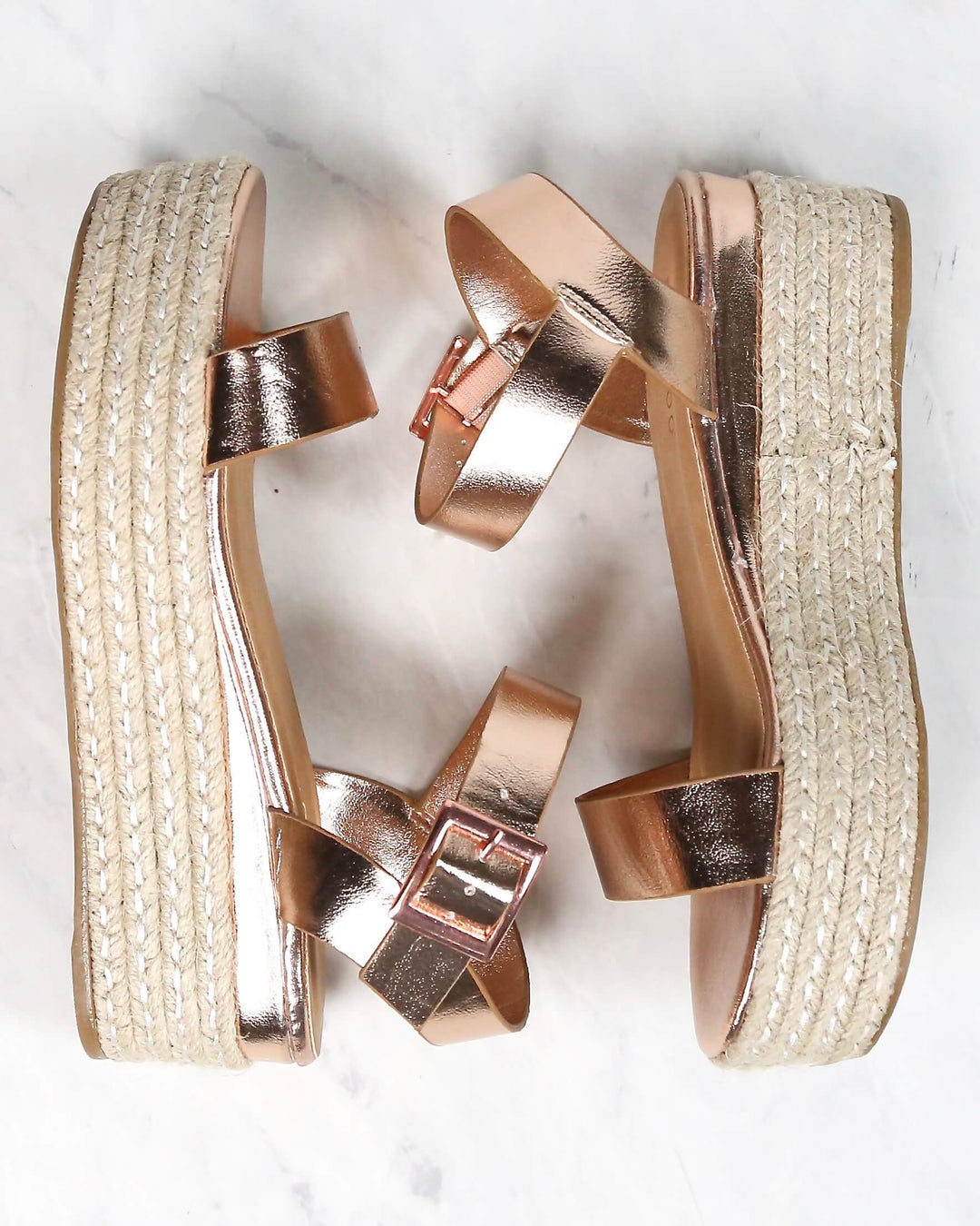 Rose Gold Metallic Vegan PU Leather Single Band Espadrille Sandals