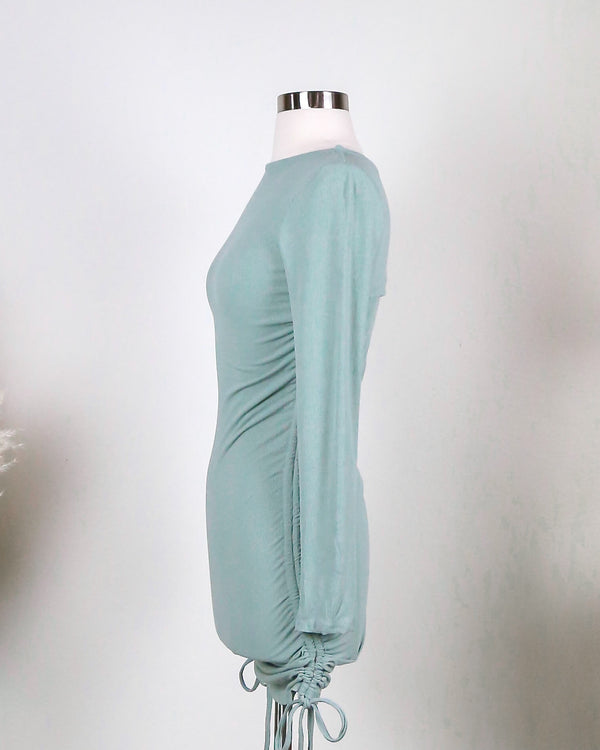 Ruched Long Sleeve Ribbed Dress in Sage