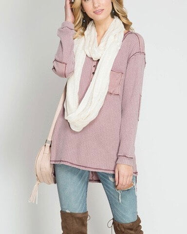 Long Sleeve Stone Washed Thermal Top in Mauve