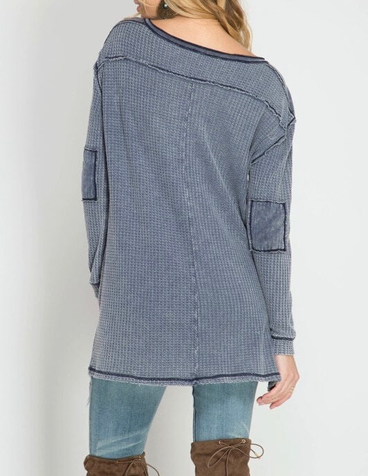 Long Sleeve Stone Washed Thermal Top in Navy