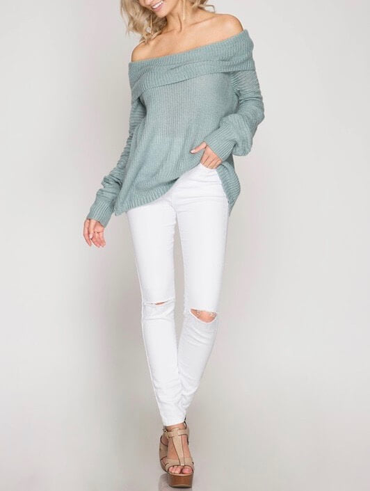 Long Sleeve Off the Shoulder Sweater in Slate Blue